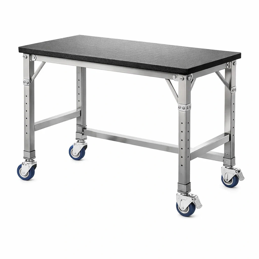 Tavolo da Lavoro in Acciaio Inox con Ruote e Piano Nero in Laminato
