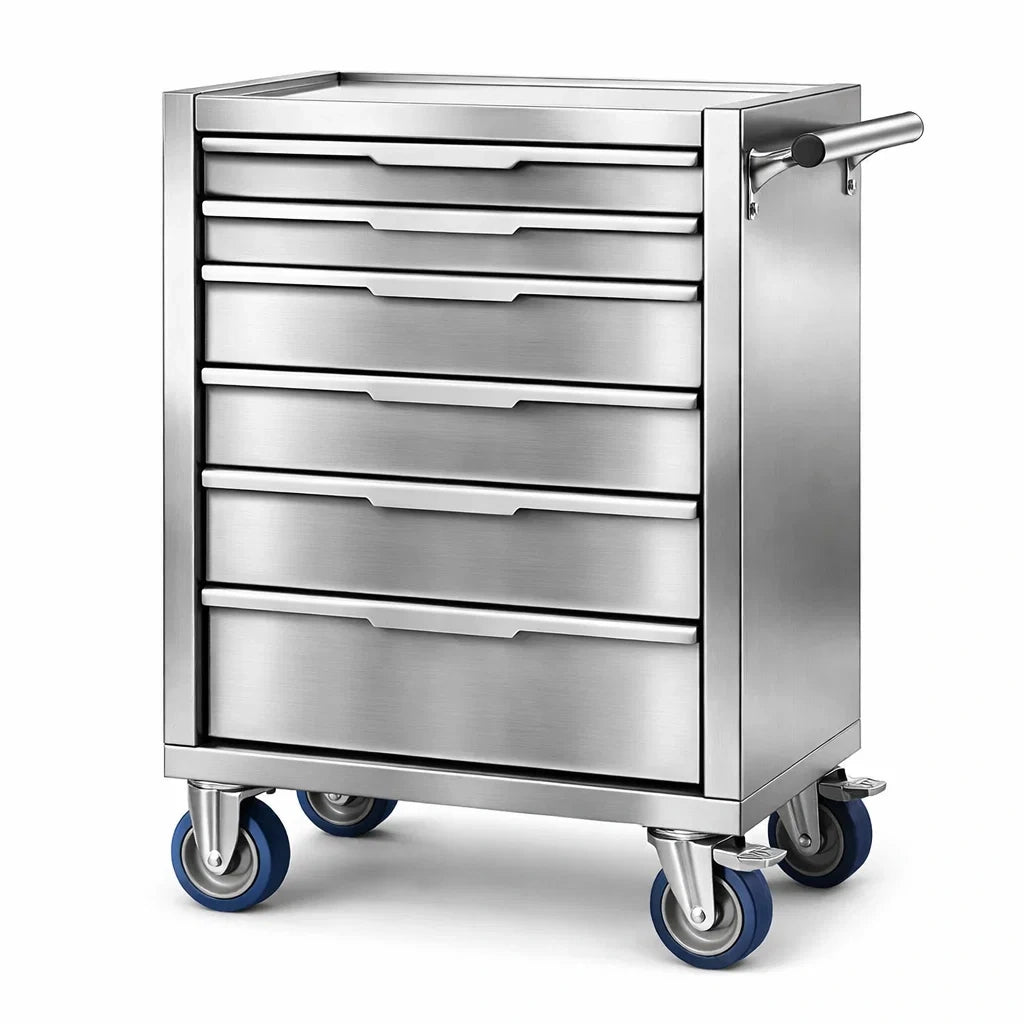 Carrello con cassetti in acciaio inossidabile a 7 ripiani