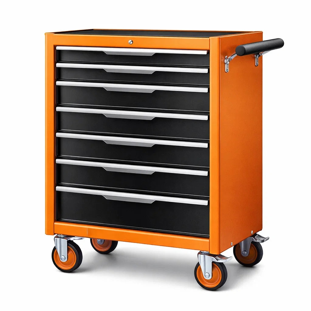 Carrello portautensili in metallo arancione e nero a 7 cassetti