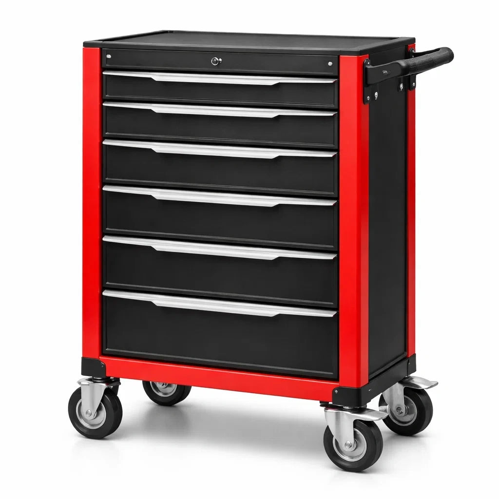 Carrello portautensili in metallo con sei cassetti, Rosso e Nero