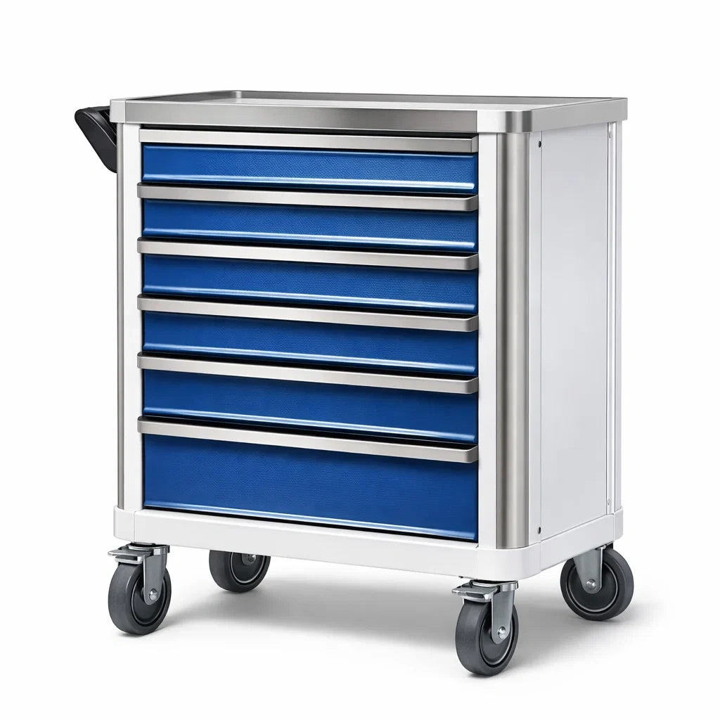 Carrello porta attrezzi in acciaio inossidabile blu con 7 cassetti