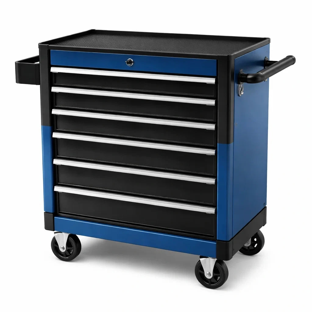 Carrello Portautensili in Acciaio Verniciato a Polvere con 7 Cassetti Blu/Nero