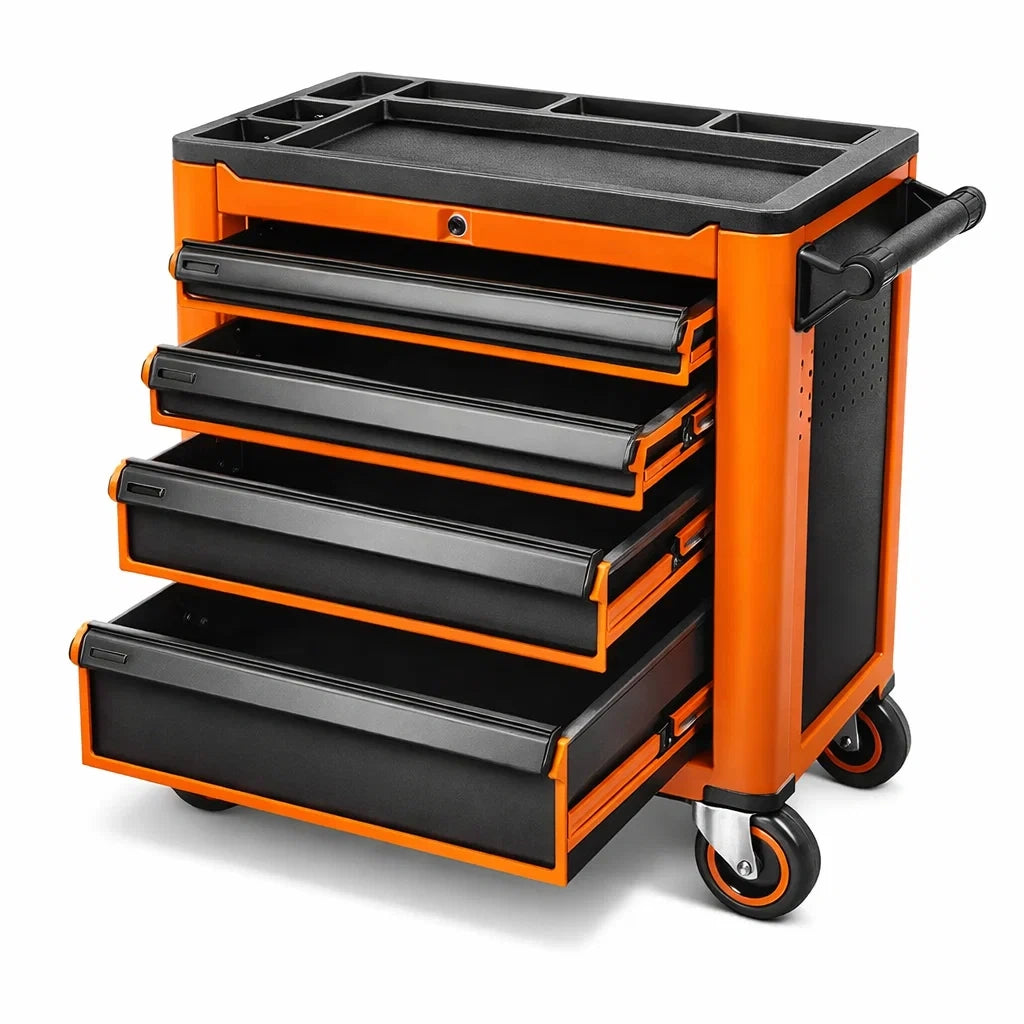 Carrello Portautensili in Acciaio con 5 Cassetti Arancione/Nero