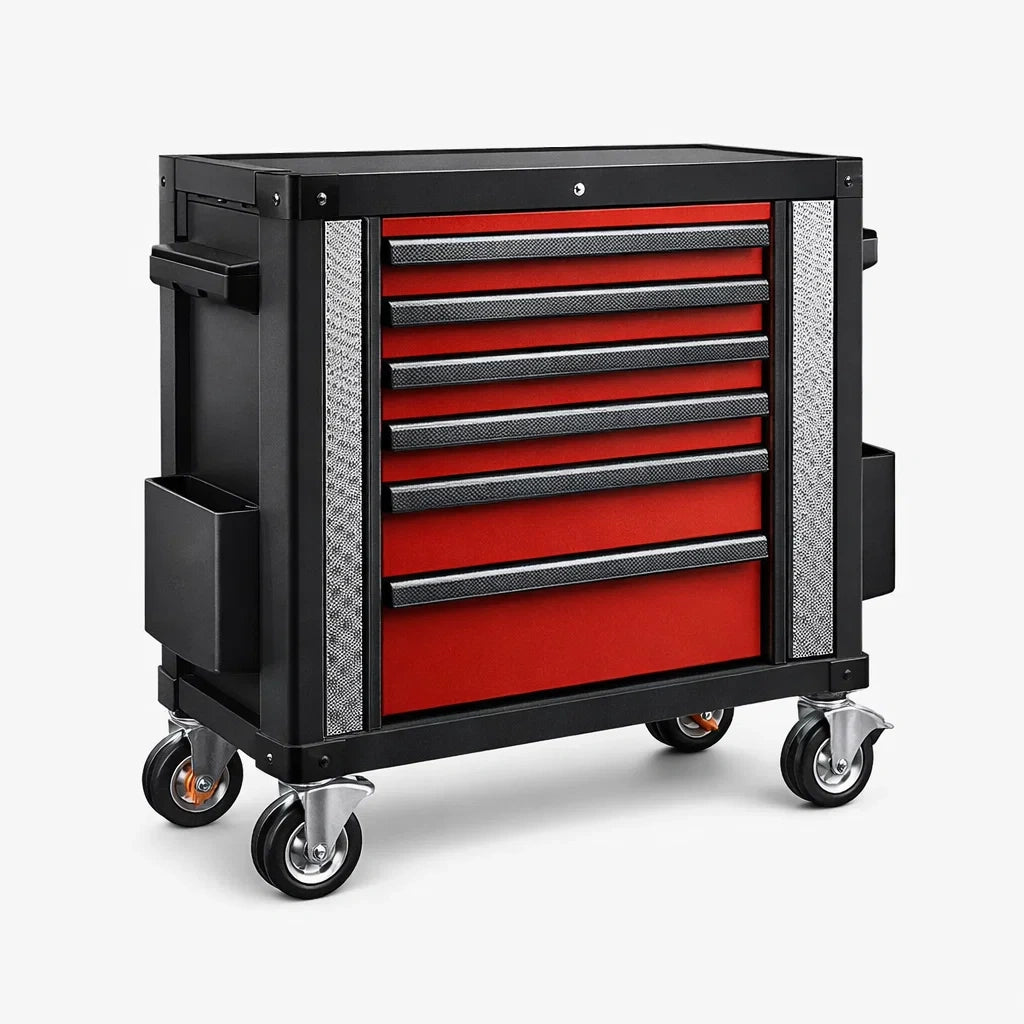 Carrello portautensili in metallo con ruote e 7 cassetti, Rosso e Nero