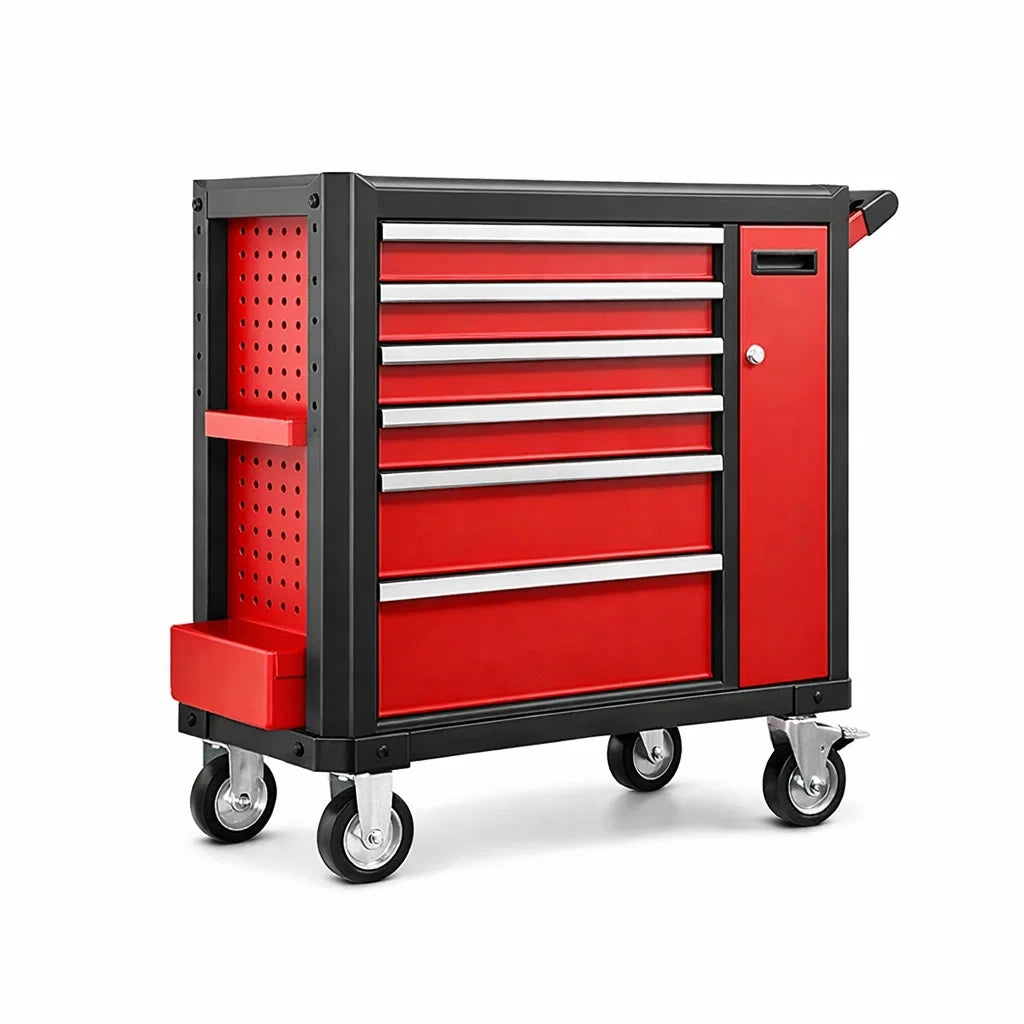Carrello Porta Utensili in Acciaio Rosso e Nero con 7 Cassetti