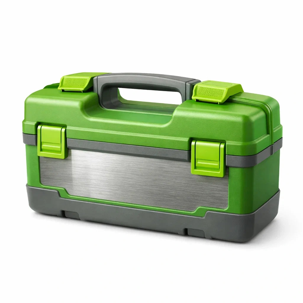 Cassetta Porta Attrezzi in Plastica ABS Verde con Pannello in Acciaio