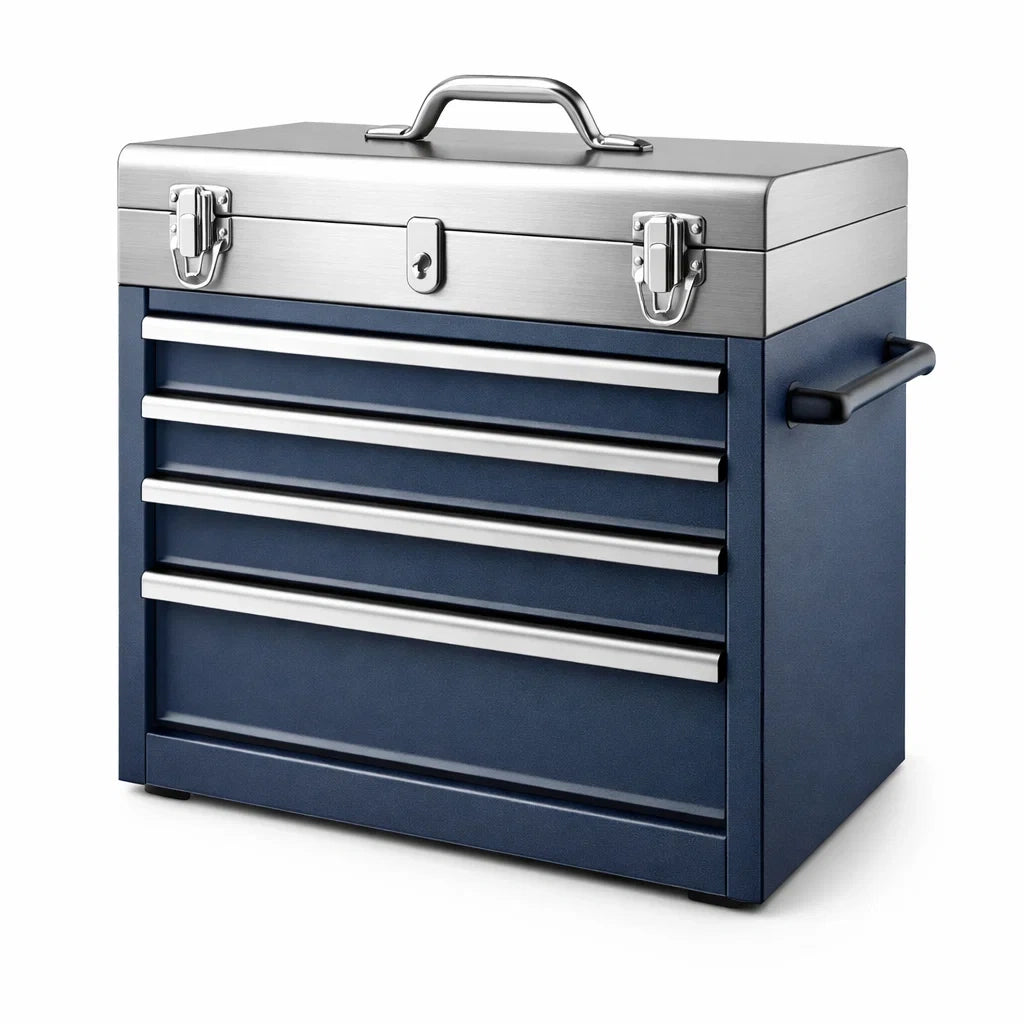 Cassettiera portautensili in acciaio blu con 4 cassetti e chiusura