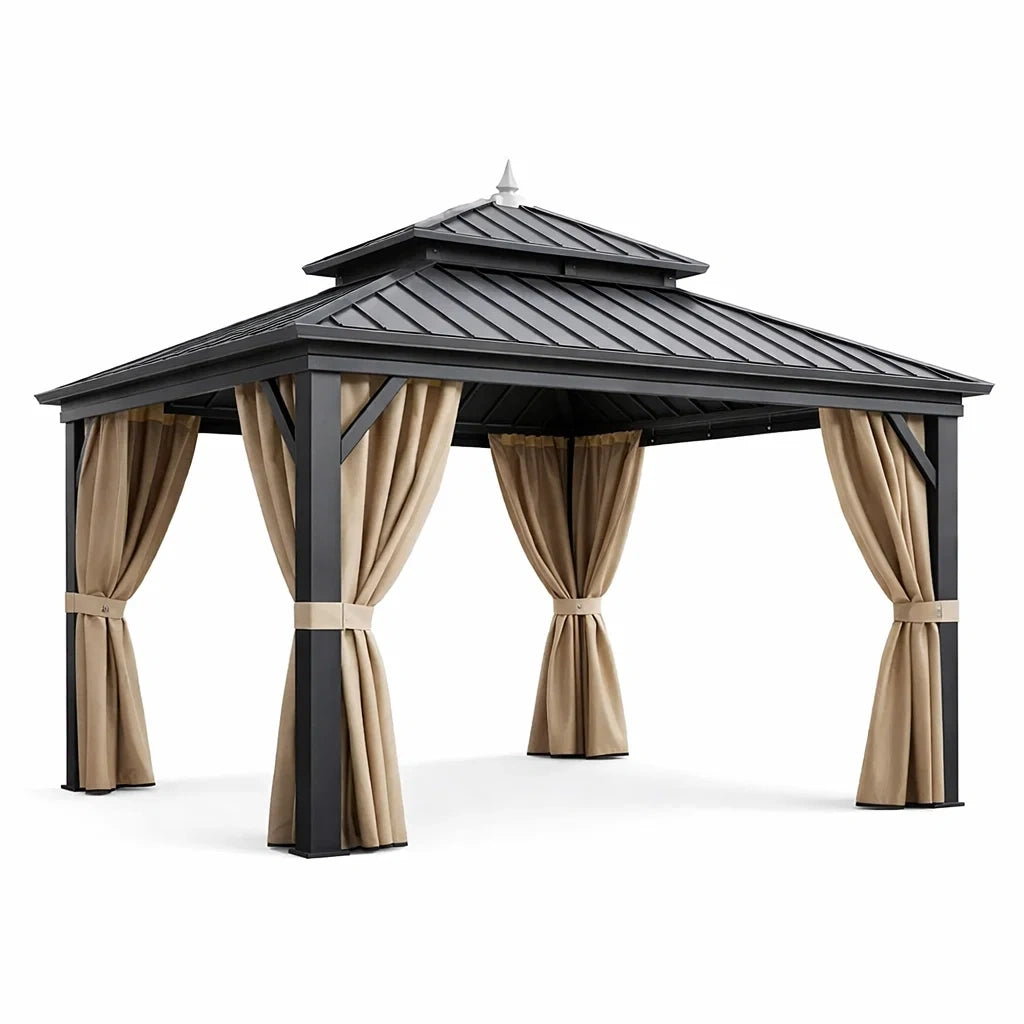 Gazebo in Alluminio Grigio Scuro con Tetto in Acciaio e Tende in Poliestere