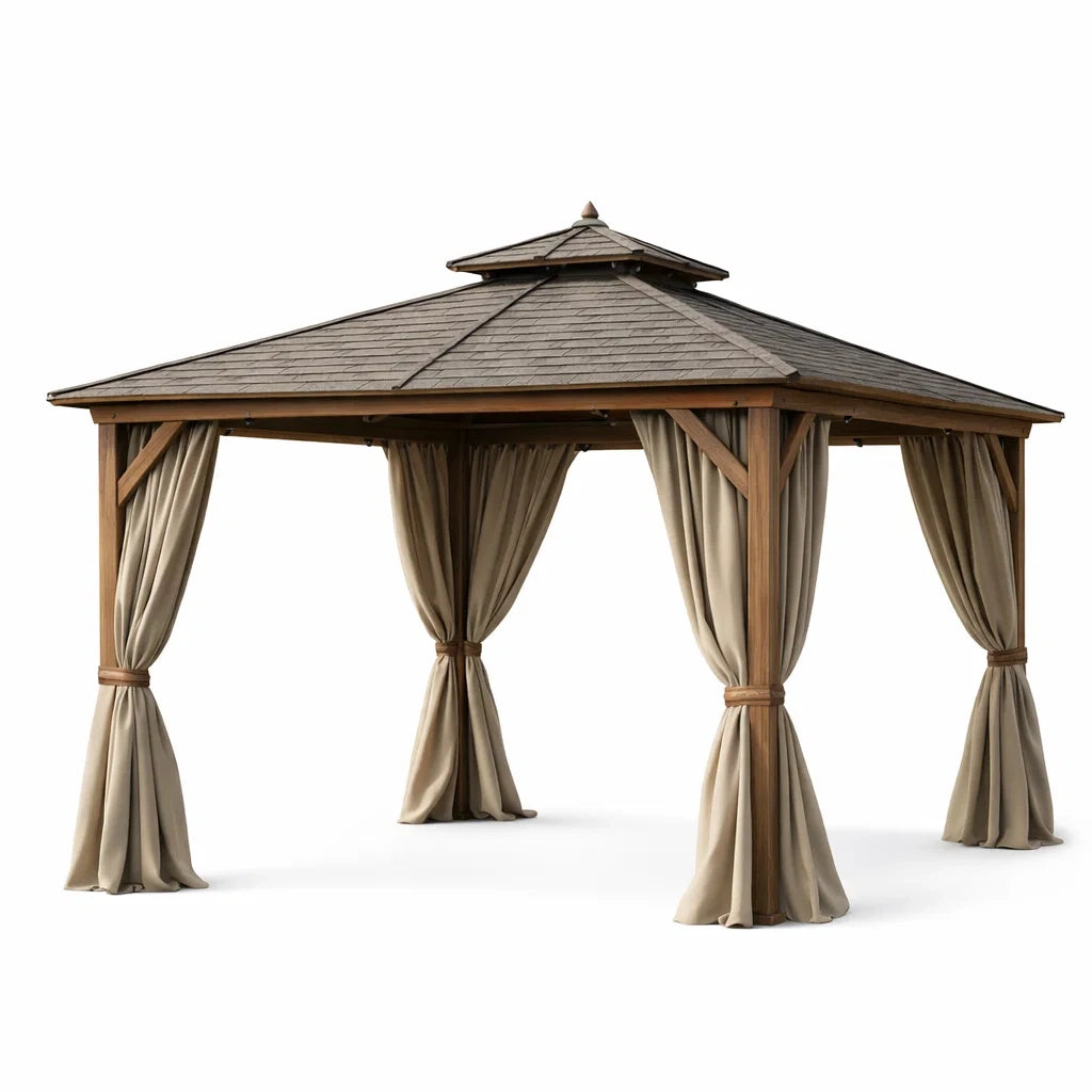 Gazebo da Esterno in Legno con Tetto a Pagoda e Tende Beige