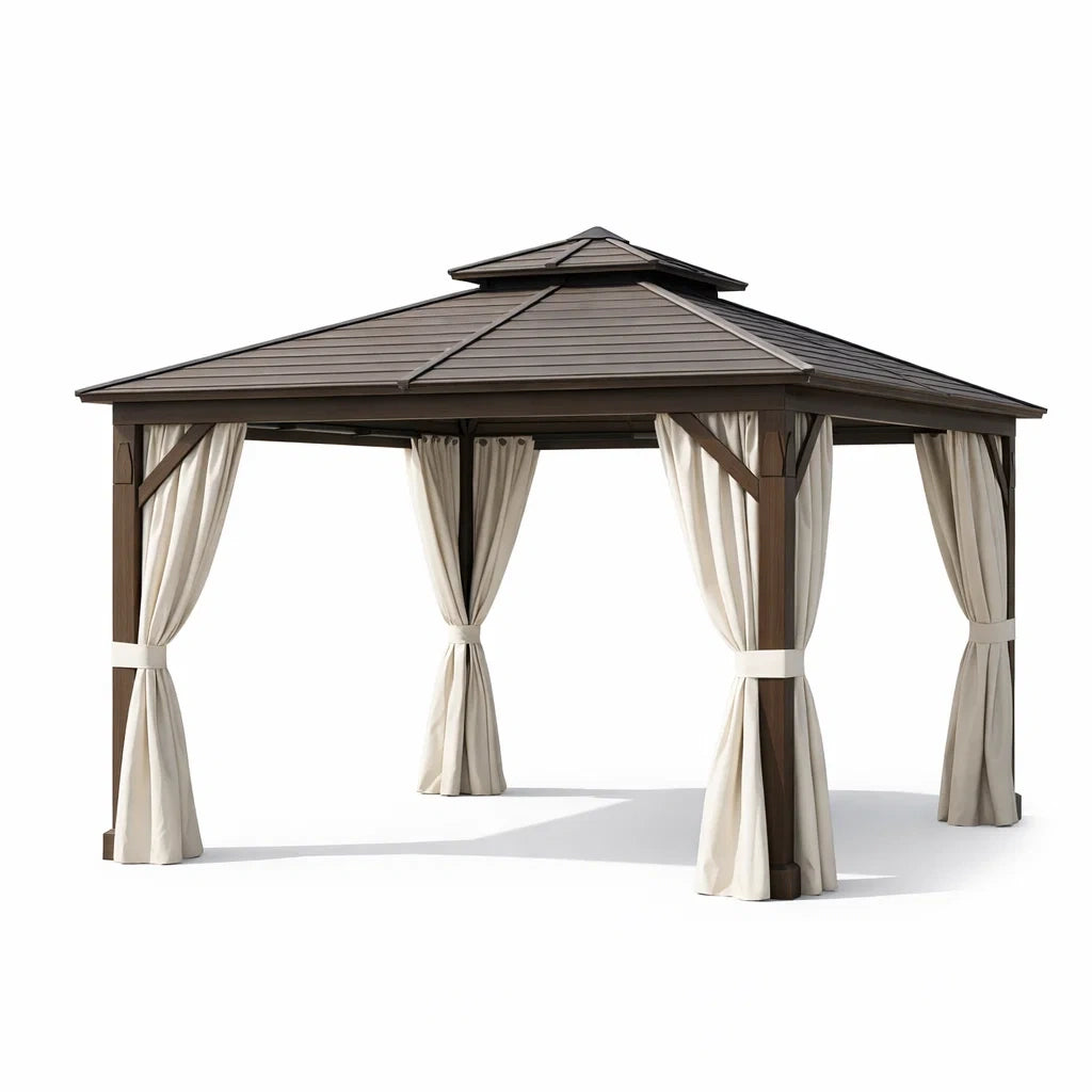 Gazebo da Giardino in Alluminio con Tetto in Acciaio e Tende in Poliestere 3x3m