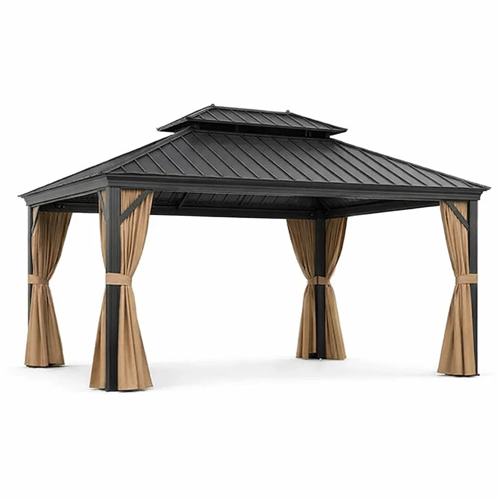 Gazebo in Alluminio con Tetto in Acciaio e Tende Beige
