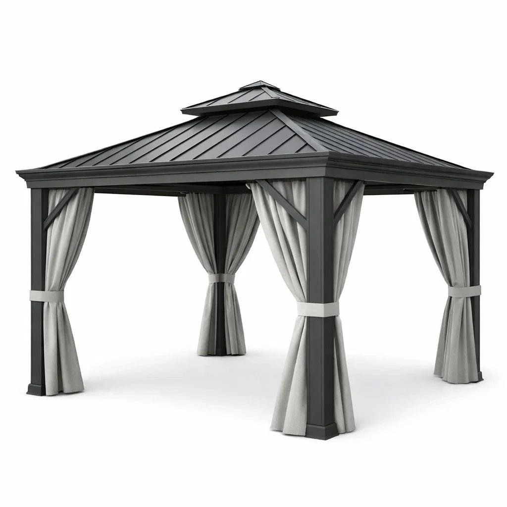 Gazebo in Alluminio con Tettoia Doppio Strato e Tende in Poliestere 300x300x270 cm