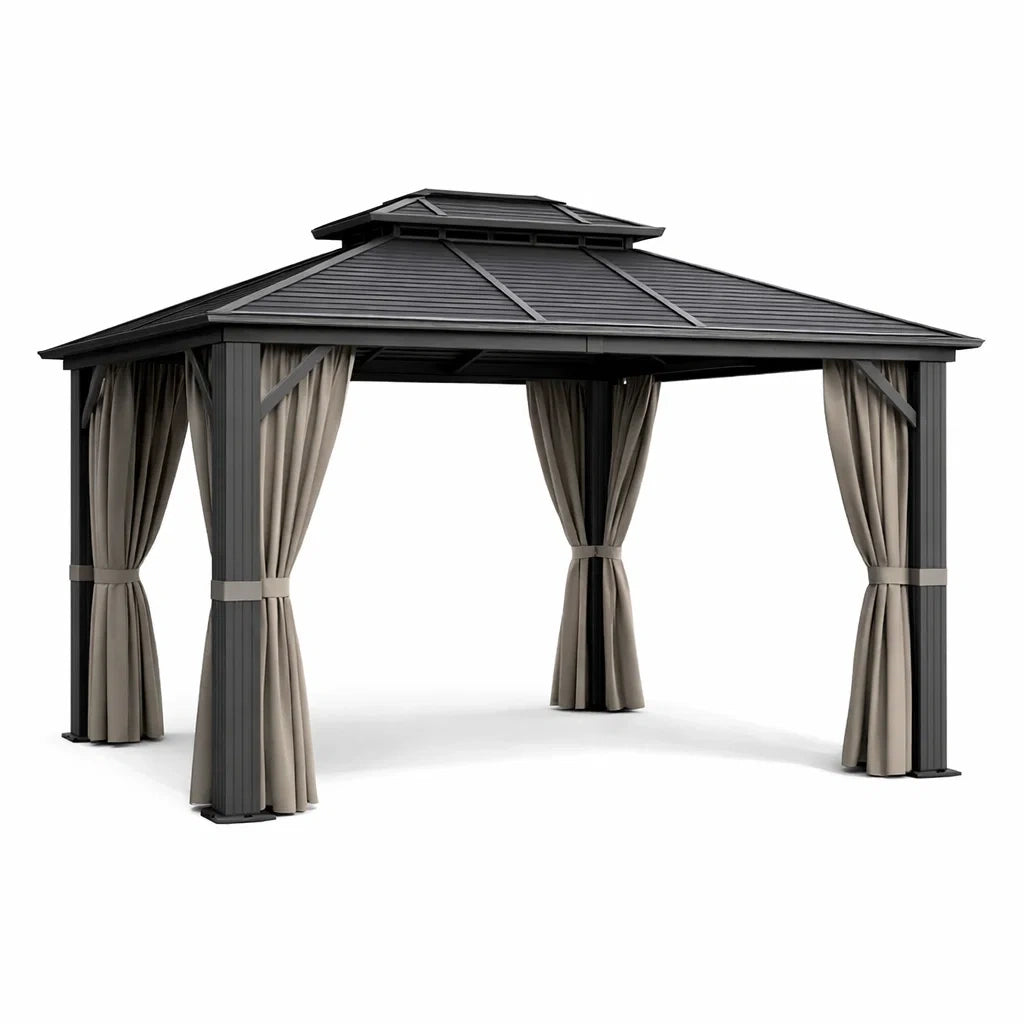 Gazebo in Alluminio con Tetto in Acciaio e Tende in Poliestere