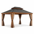 Gazebo in Legno di Cedro con Tetto in Tegole e Tende Marroni