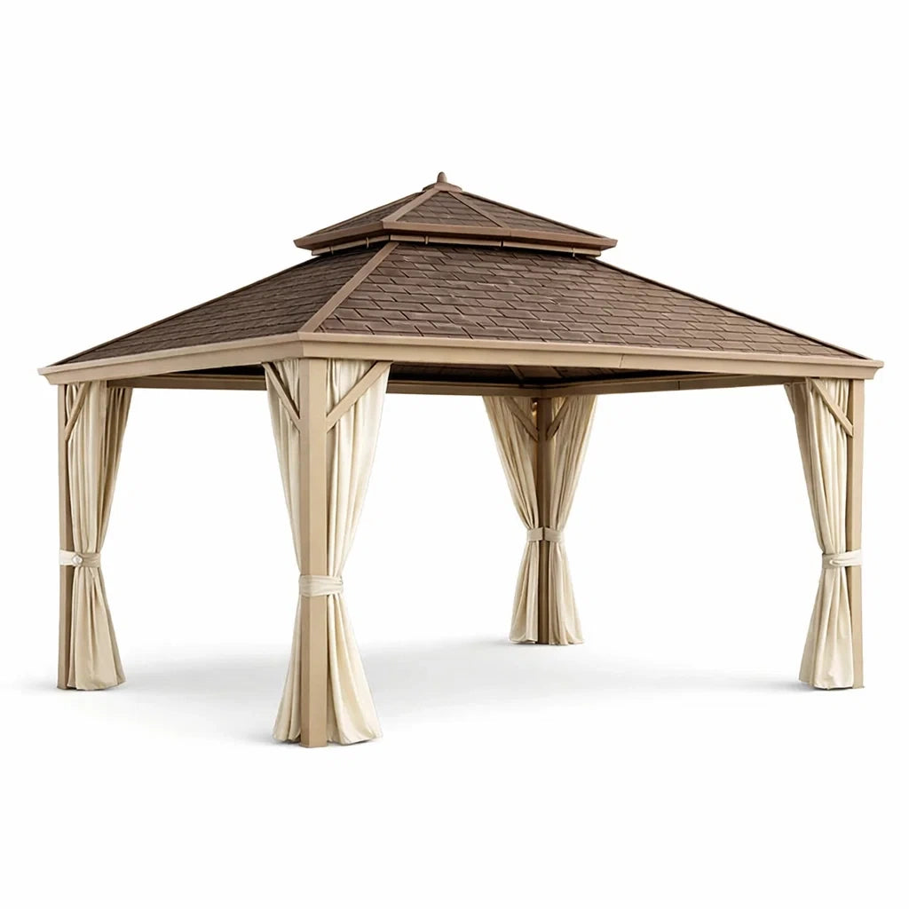 Gazebo da Giardino in Alluminio con Tetto in Policarbonato e Tende in Poliestere