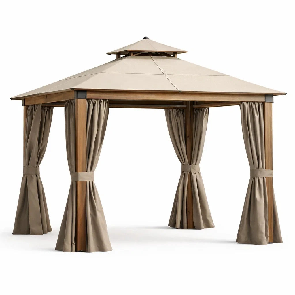 Gazebo da Giardino in Legno di Acacia e Poliestere 3x3m Beige