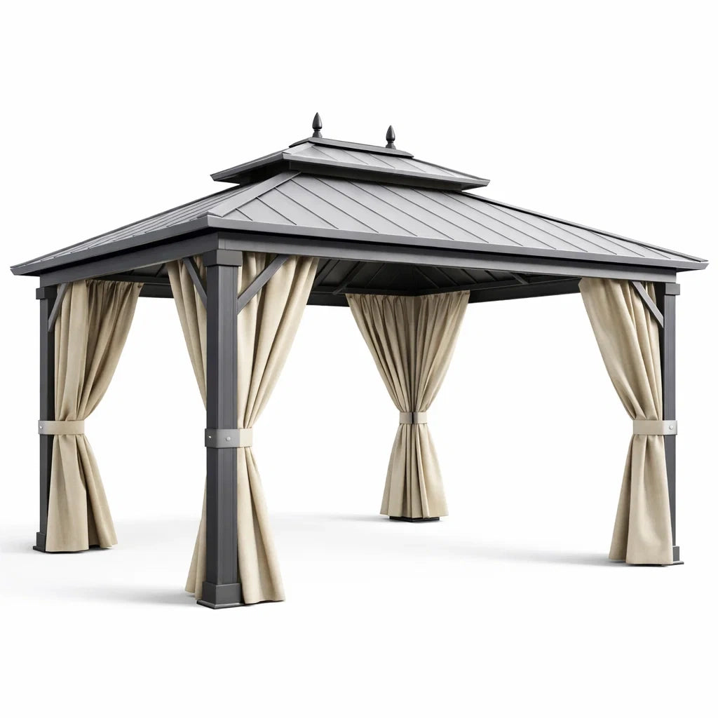 Gazebo da Giardino in Alluminio con Tetto in Acciaio e Tende in Poliestere Beige
