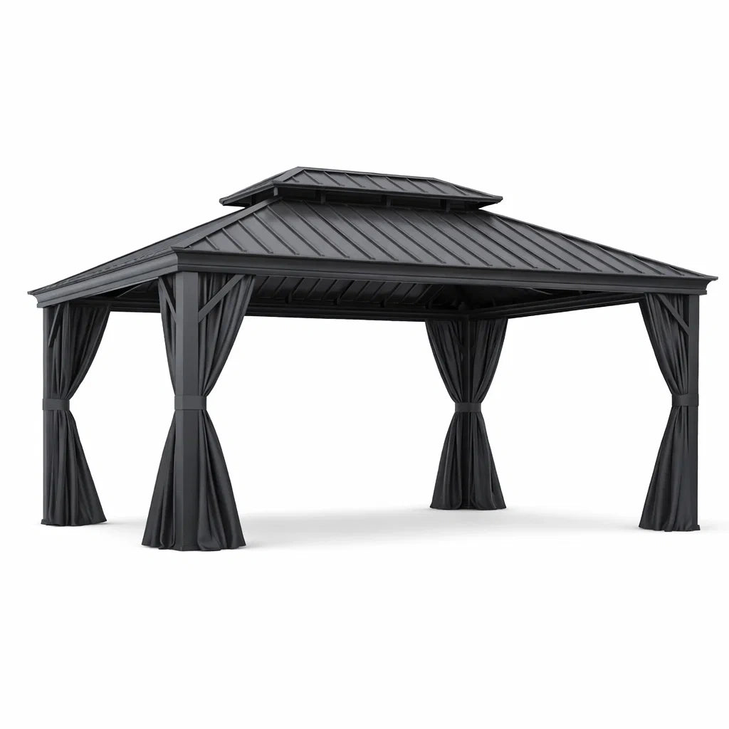 Gazebo in Alluminio con Tetto in Acciaio e Tende in Poliestere Nero 3x4m