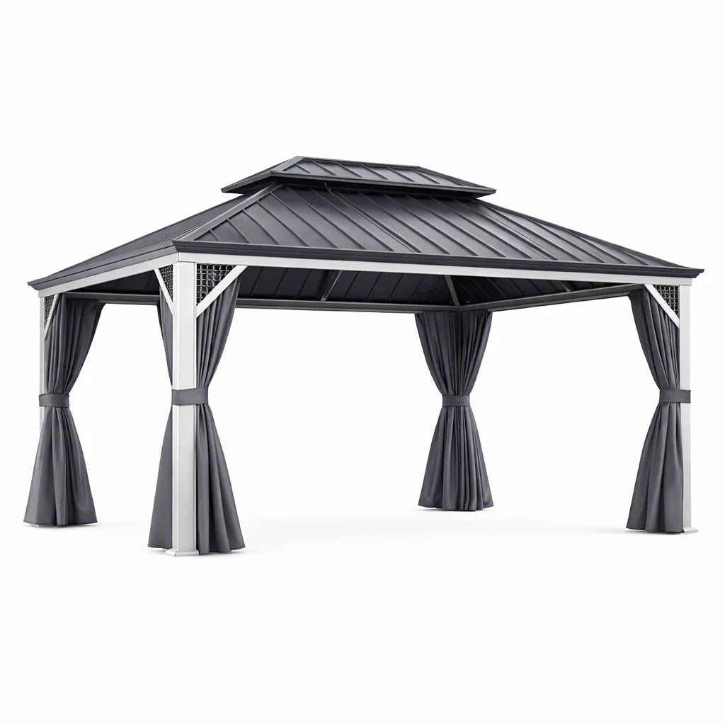 Gazebo in Alluminio con Tetto in Acciaio e Tende in Poliestere Grigio 3x4 m