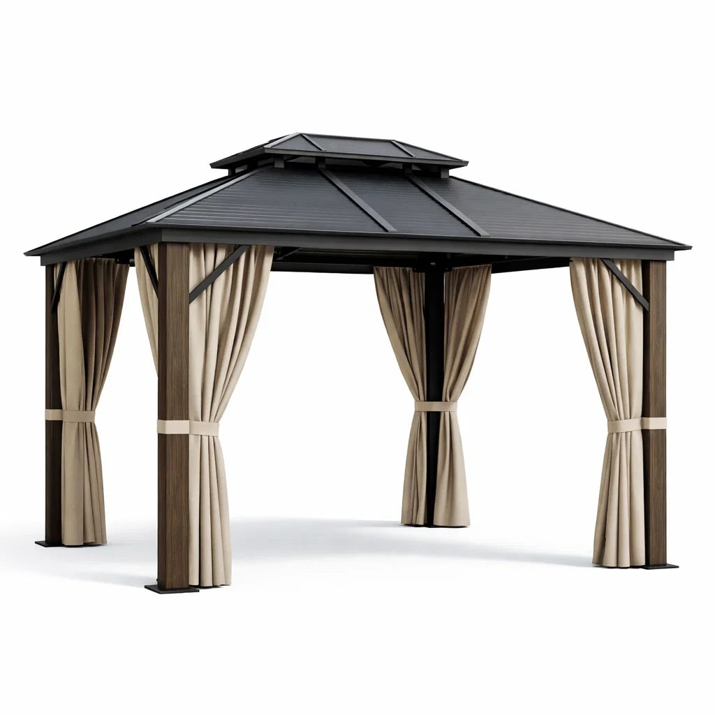 Gazebo da Giardino in Alluminio con Tetto in Acciaio e Tende Beige 3x4m