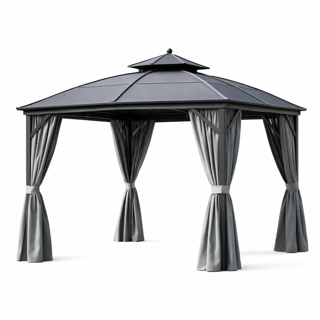 Gazebo in Metallo con Tetto in Alluminio e Tende Grigie 300x400 cm