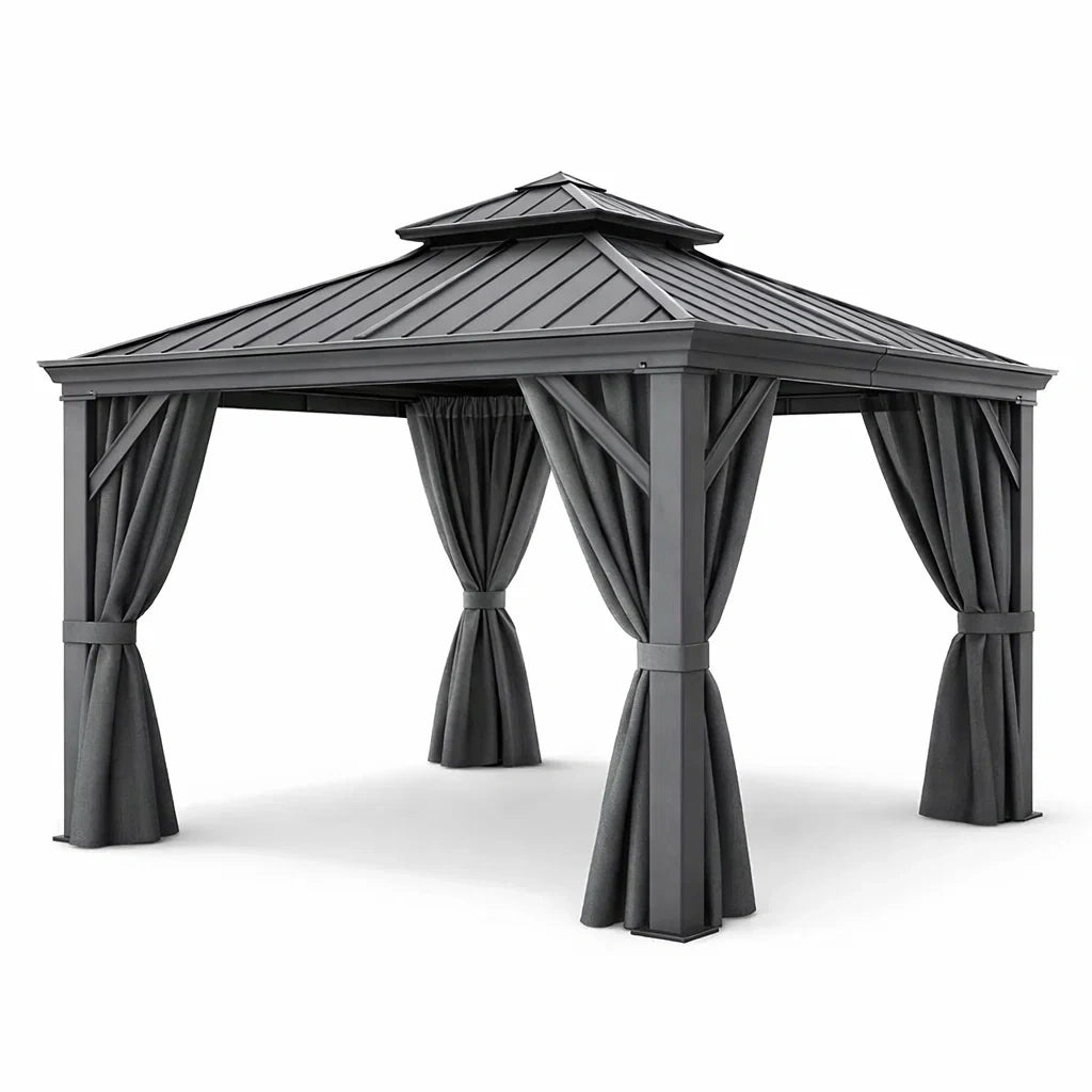 Gazebo da Giardino in Alluminio con Tende in Poliestere Grigio