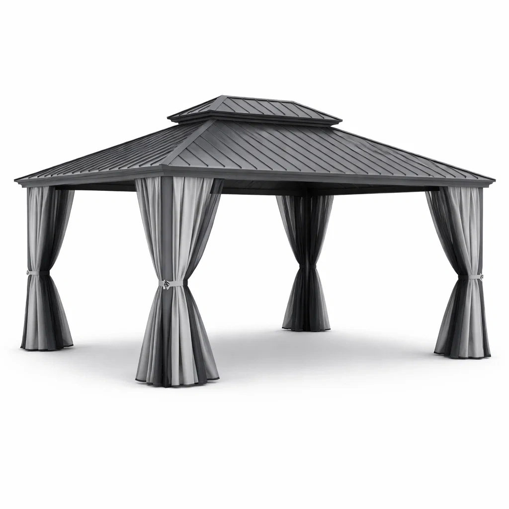 Gazebo da Giardino in Alluminio con Tetto in Metallo e Tende in Poliestere Grigio