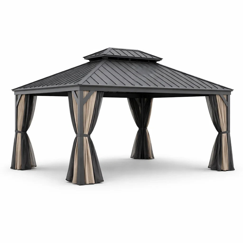 Gazebo in metallo con tetto in acciaio e tende in poliestere