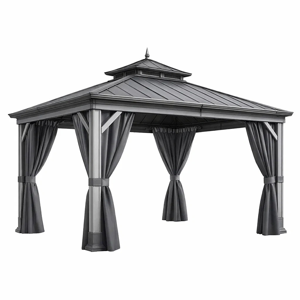 Gazebo in Metallo con Tetto a Due Livelli e Tende Laterali 300x400 cm