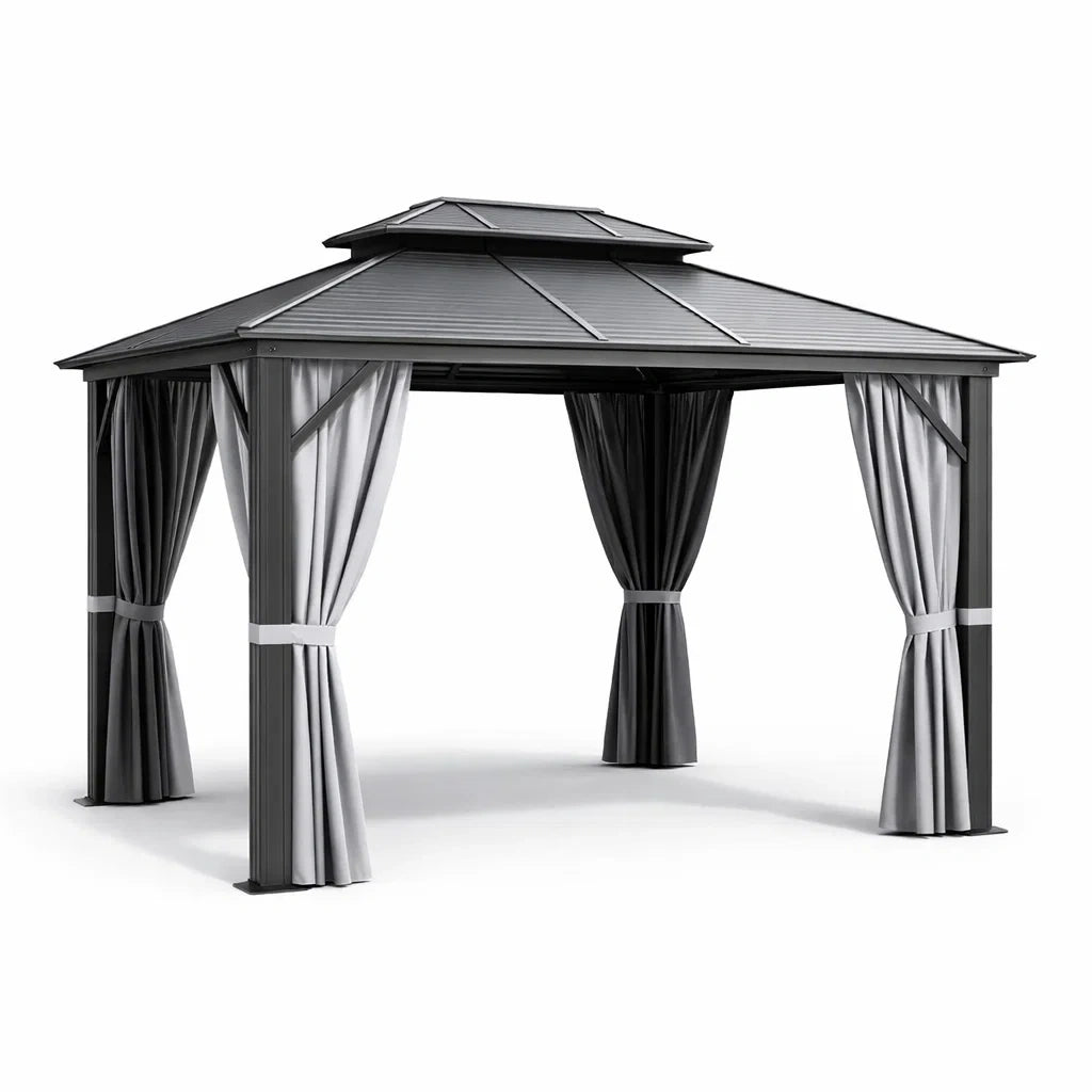 Gazebo da Giardino in Metallo con Tetto in Acciaio e Tende in Tessuto 3x3 m Antracite/Grigio