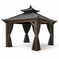 Gazebo in Legno e Metallo con Tende in Poliestere Grigie