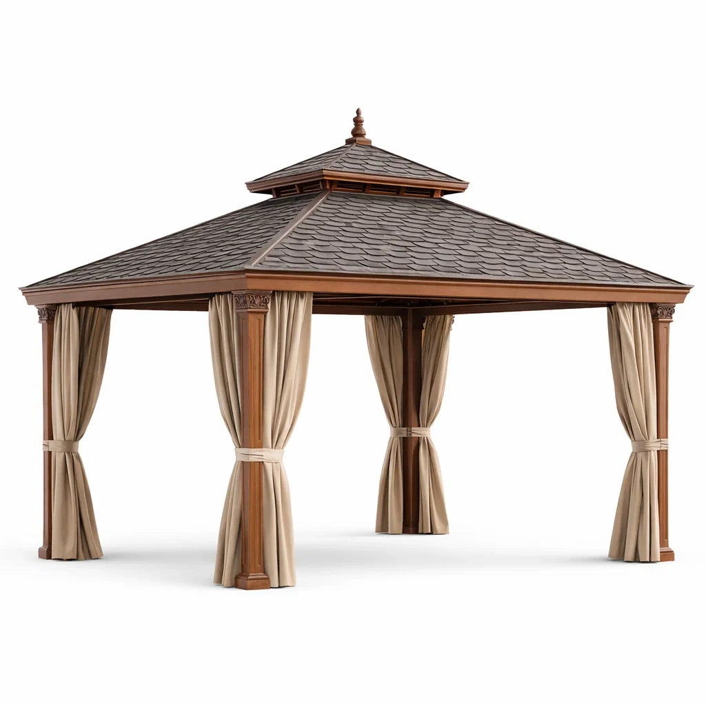 Gazebo da Giardino in Legno con Tetto in Bitume e Tende in Poliestere